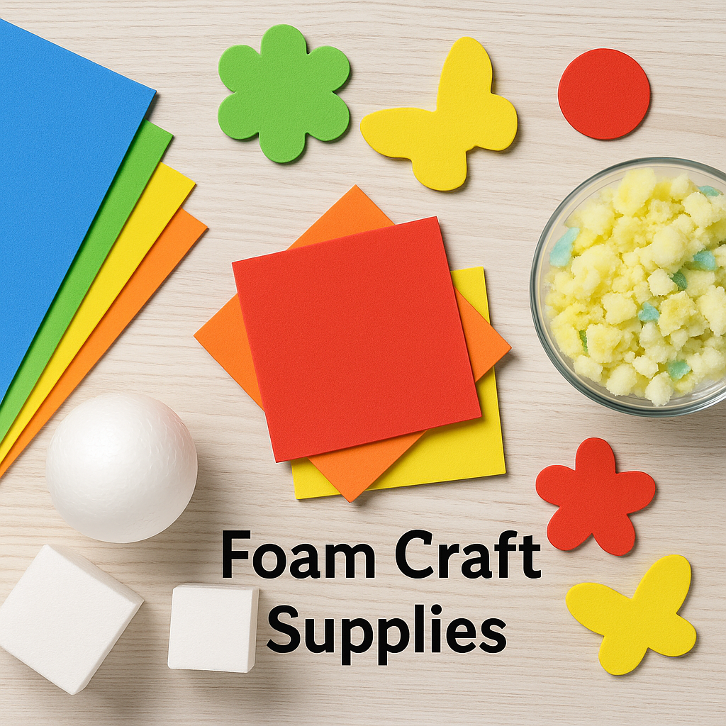 Foam craft supplies including EVA sheets, polystyrene shapes, and memory foam crumb