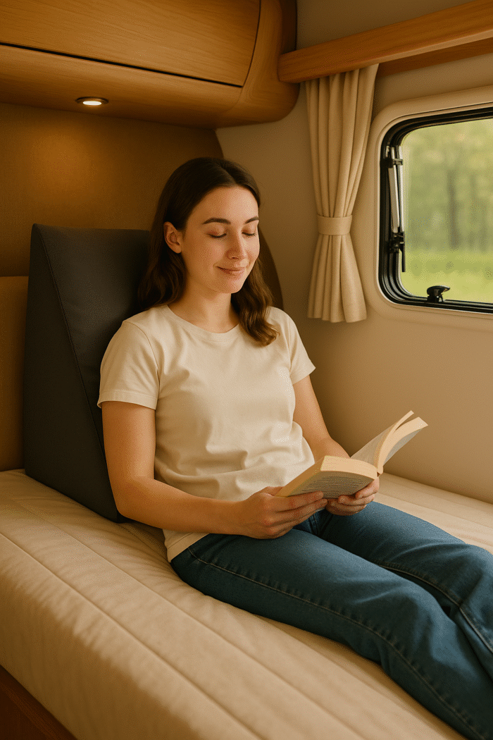 Woman reading in a caravan using triangular backrest cushion on master bed