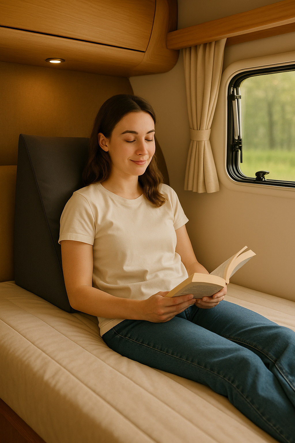 Woman reading in a caravan using triangular backrest cushion on master bed