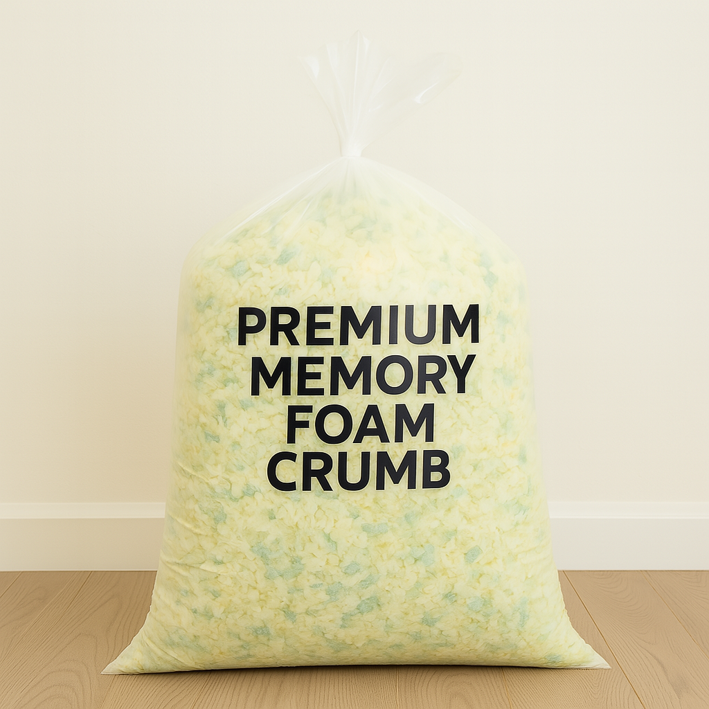 Premium memory foam crumb in clear plastic bag for bean bags, cushions, and craft projects