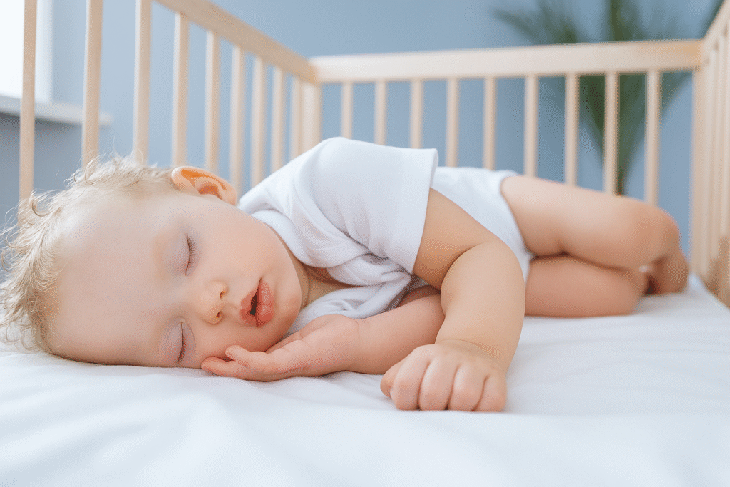 Baby sleeping peacefully on a custom portacot mattress made with certified Joyce Foam