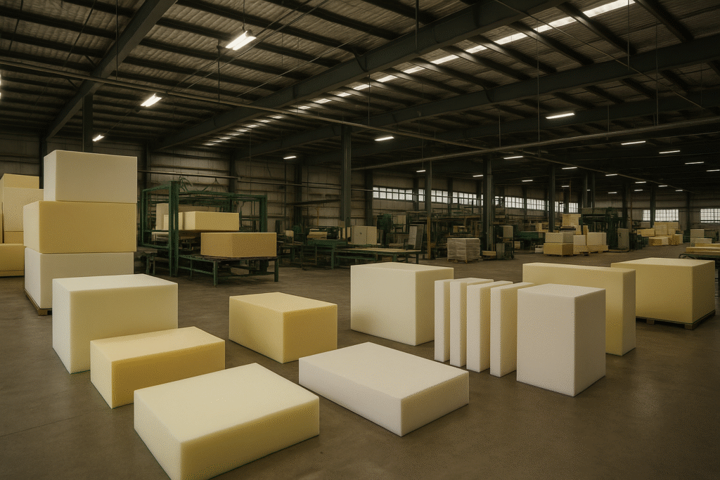 Foam factory with large foam blocks and slabs inside a warehouse