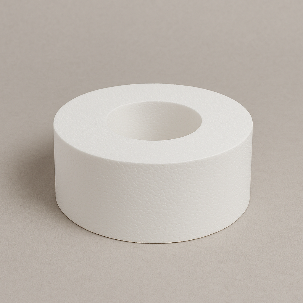 White polystyrene plumbing block with centre hole for pipe support.