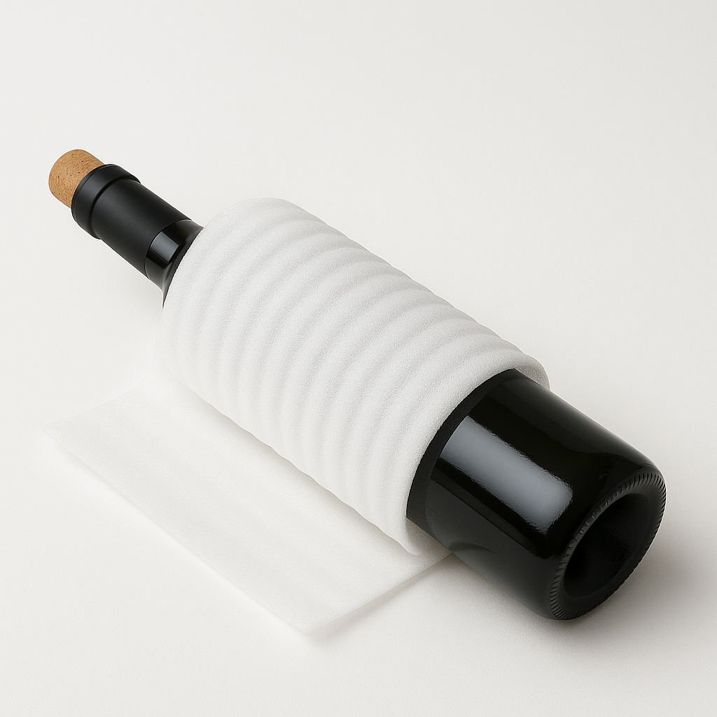 EPE foam wrap protecting a glass bottle – polyethylene cushioning for packaging and shipping