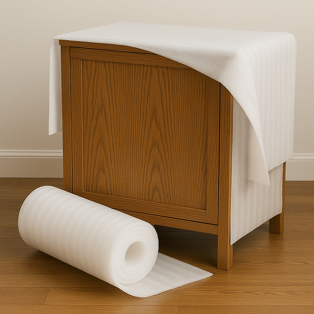 EPE foam roll protecting wooden furniture – polyethylene surface protection for moving and storage