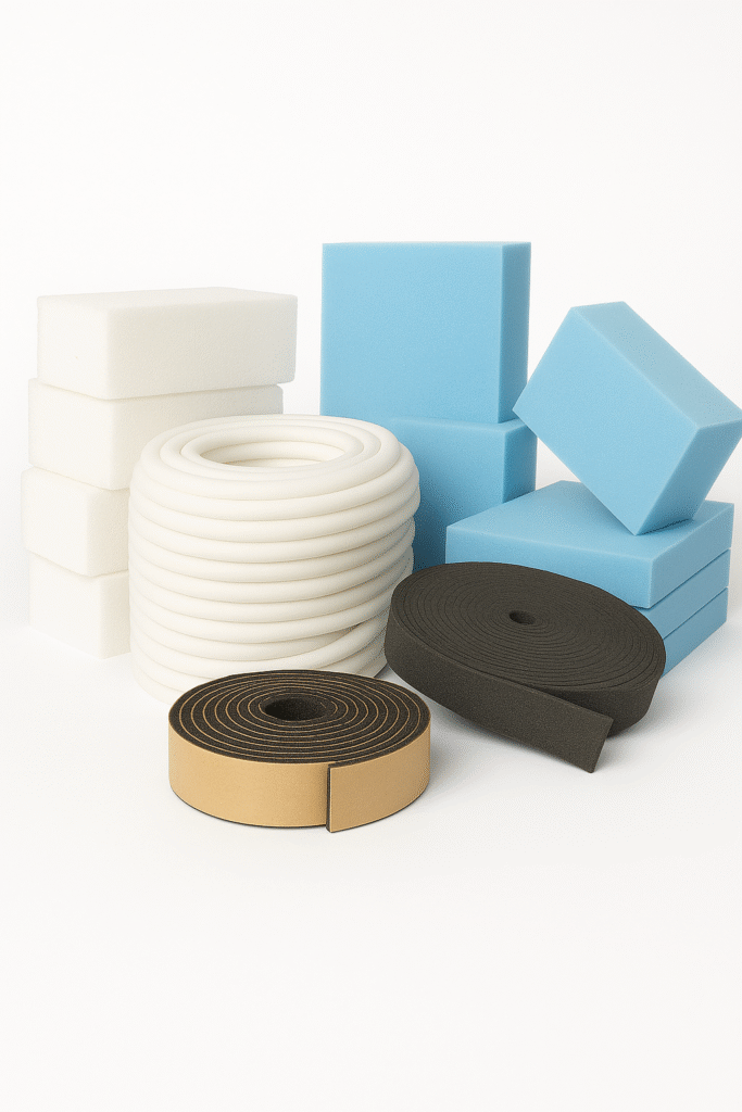 Commercial foam products including EPE foam, EVA foam, polystyrene blocks, backing rod, abelflex roll, and XPS foam stacked together on a white background.