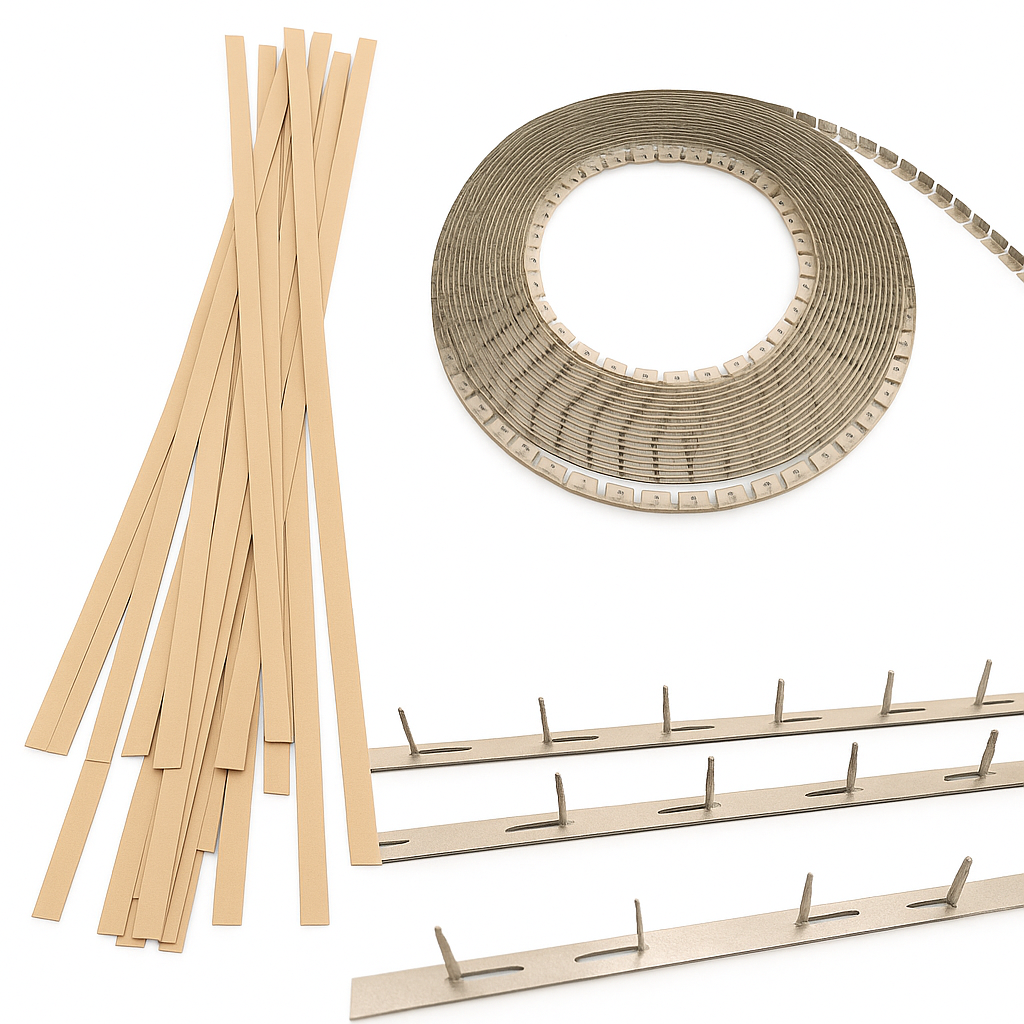 Cardboard back tacking strips, upholstery cover fix strip roll, and metal back tacking strips.